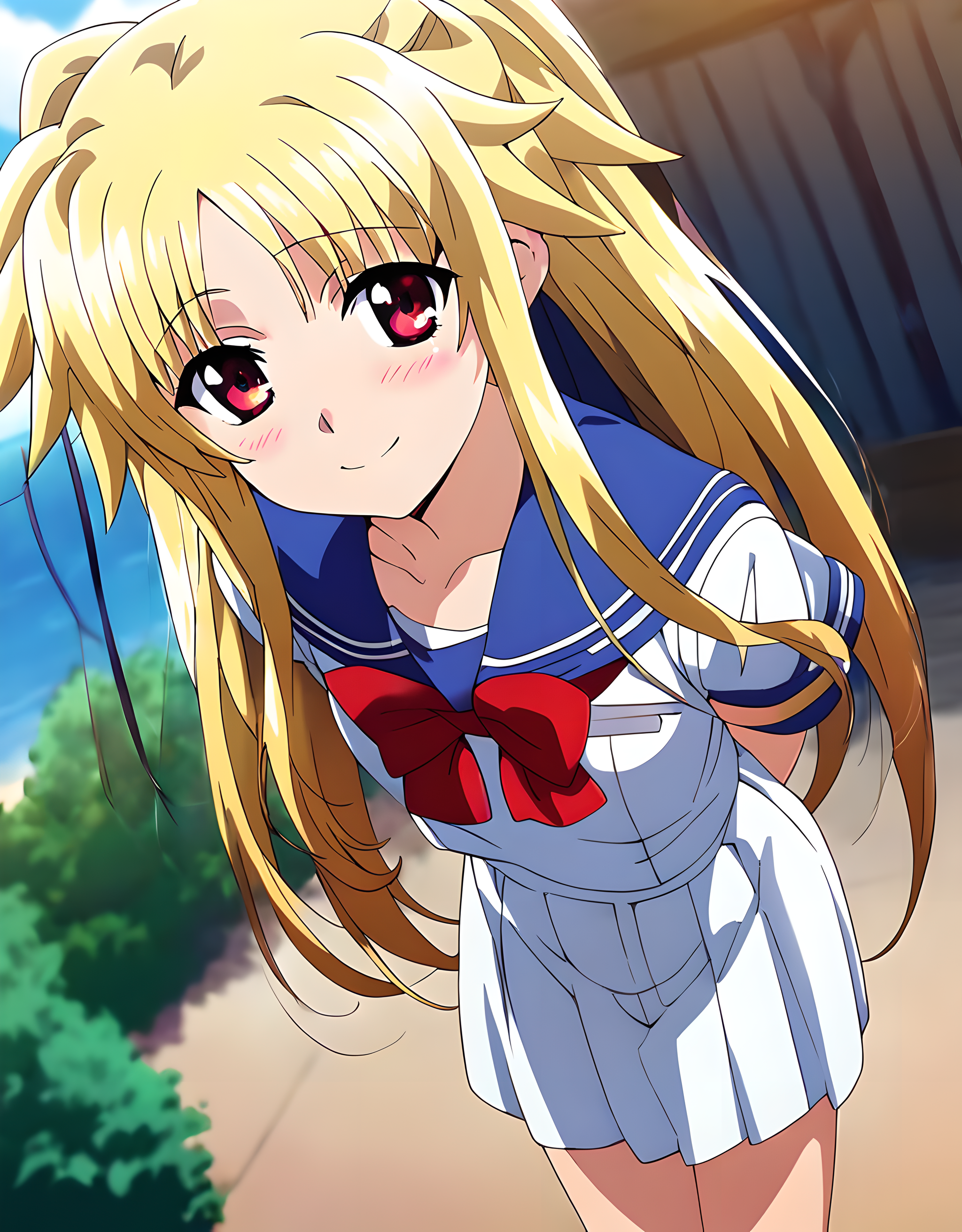 <lora:pony_xl_fate:0.8>,fate,score_9,score_8_up,score_7_up,source_anime,1girl,solo,looking_at_viewer,looking in love,upper eyes,smile,:d,blush,bent_over,arms_behind_back,cowboy_shot,sailor,summer_uniform,