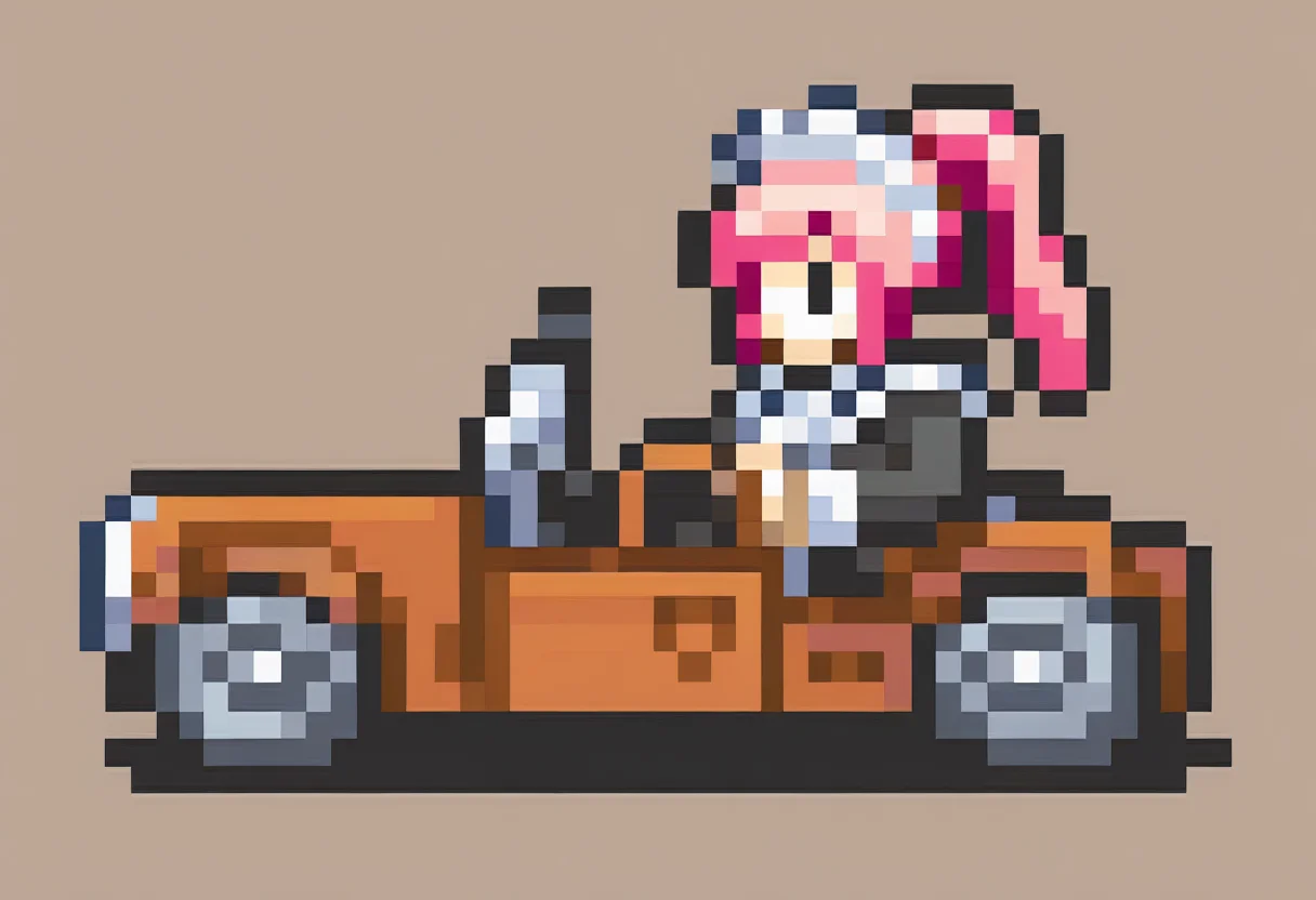 masterpiece, best quality, solo, 1girl, <lora:FEGBA-Sprites-illus_Fp:1>, simple background, pixel art, car, felicia \(fire emblem\), pink hair, driving, maid, steering wheel, ponytail,