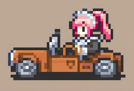 masterpiece, best quality, solo, 1girl, <lora:FEGBA-Sprites-illus_Fp:1>, simple background, pixel art, car,  felicia \(fire emblem\), pink hair, driving, maid, steering wheel,  ponytail,