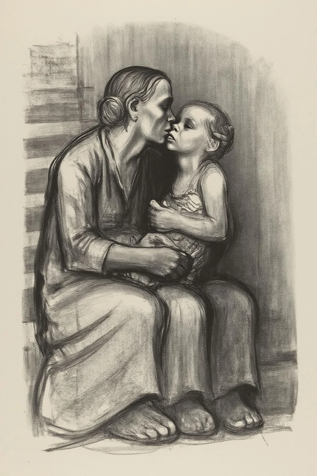 kako1 black and white charcoal drawing. A charcoal drawing depicting a tender moment of a mother holding her two children while sitting on a staircase. The mother, dressed in a simple long dress, cradles an infant in one arm and lovingly kisses the older child who leans towards her. The composition exudes warmth and emotional depth, set against a minimal background with soft, textured shading. The artwork captures themes of maternal love, care, and resilience in a somber yet heartfelt style. <lora:kako1_litho_nocap_d6a3:1.0><lora:814761820389800621:0>