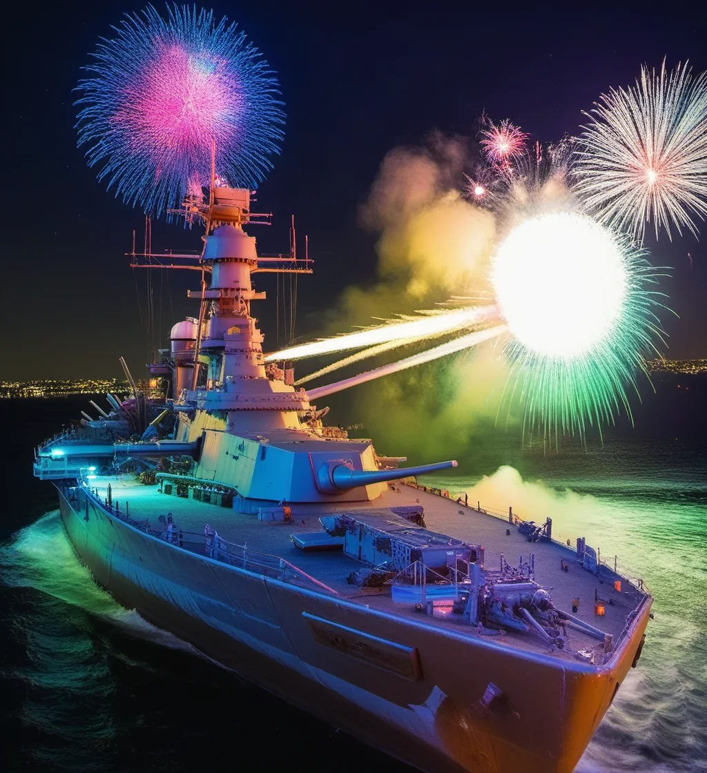 battleship, fireworks, neon light, light painting, <lora:BATTLESHIP:0.7>