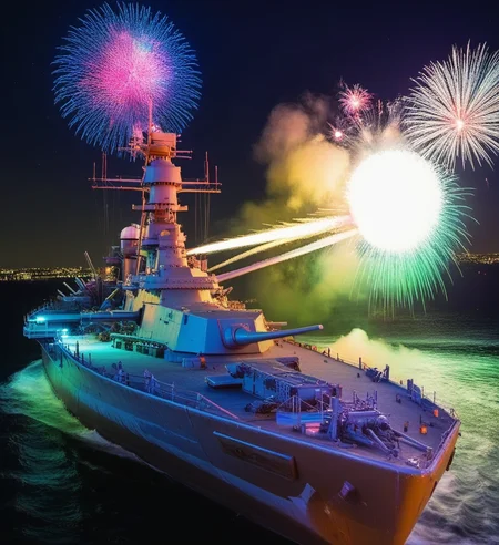 battleship, fireworks, neon light, light painting, <lora:BATTLESHIP:0.7>