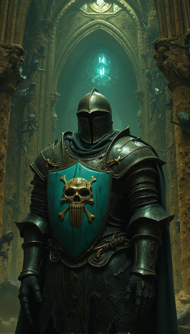 <lora:ultamtescary.safetensors:1> spookiscari
The scene is a twisted, darkened version of the original. A medieval knight stands motionless, his front facing the camera. His armor, once ornate and gleaming, is now tarnished and corroded, with dark, gnarled vines snaking around the teal shield. The skull and crossbones symbol on the shield appears to be oozing, as if the metal is melting. The gauntlets, once beautifully crafted, now bear deep, dark stains, as if they have soaked in some unspeakable substance.
The background is no longer a grand, arched cathedral but a decaying, ominous structure. The intricate carvings are now distorted and twisted, as if the stone itself is suffering. Dark, shadowy figures, almost skeletal in appearance, climb the walls, their movements jerky and unnatural. The gold and olive tones have given way to a sickly, pallid green, casting an eerie, otherworldly light over the scene.
The air is thick with a heavy, oppressive fog, and the few remaining flickering lights do little to dispel the darkness. The atmosphere is one of impending doom, as if the very fabric of the cathedral is unraveling, revealing the malevolent forces that lurk within. The turquoise gem in the knight’s chest glows with an otherworldly blue light, the only source of brightness in a scene that has been utterly corrupted by darkness.