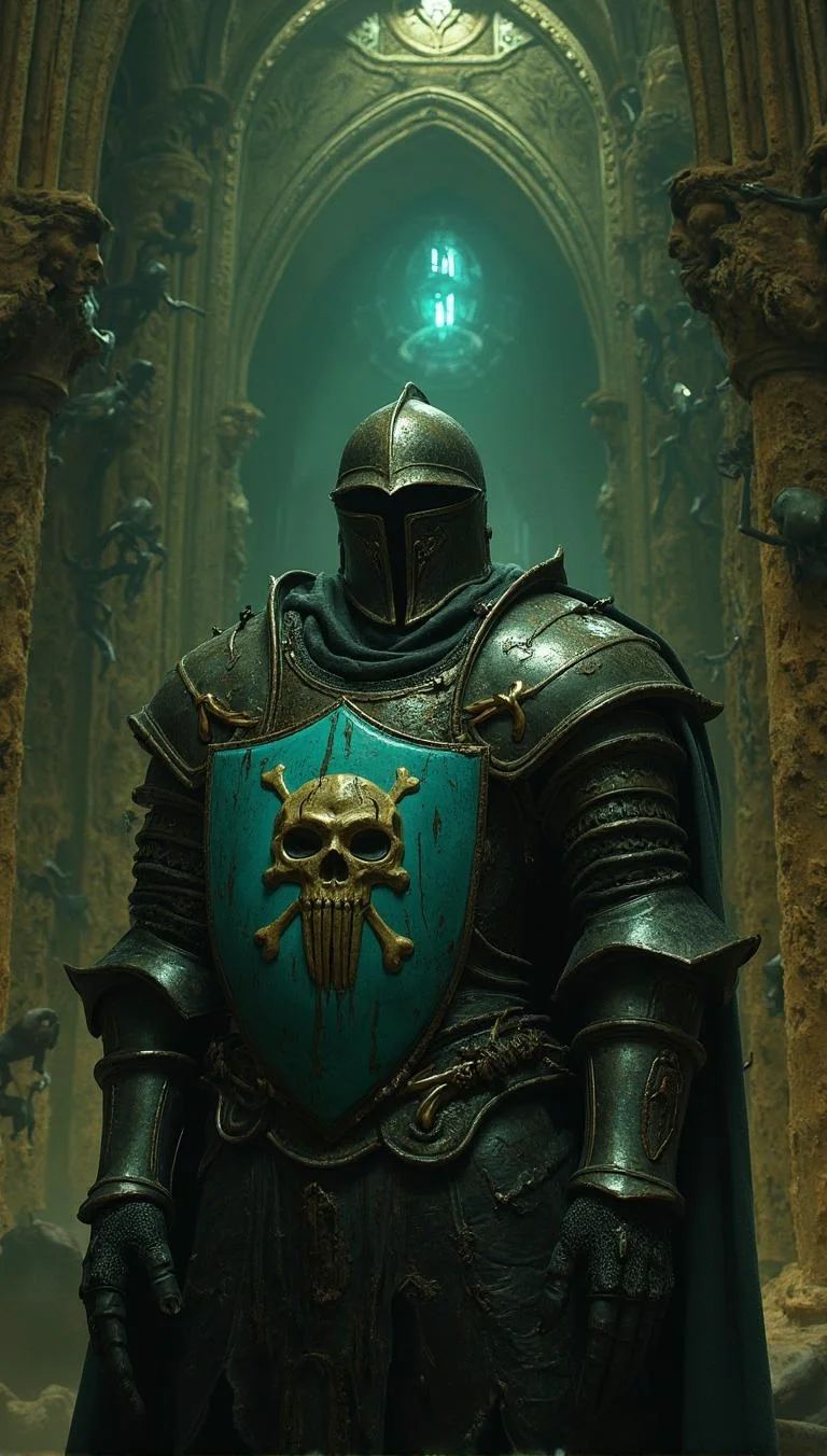 <lora:ultamtescary.safetensors:1> spookiscari
The scene is a twisted, darkened version of the original. A medieval knight stands motionless, his front facing the camera. His armor, once ornate and gleaming, is now tarnished and corroded, with dark, gnarled vines snaking around the teal shield. The skull and crossbones symbol on the shield appears to be oozing, as if the metal is melting. The gauntlets, once beautifully crafted, now bear deep, dark stains, as if they have soaked in some unspeakable substance.
The background is no longer a grand, arched cathedral but a decaying, ominous structure. The intricate carvings are now distorted and twisted, as if the stone itself is suffering. Dark, shadowy figures, almost skeletal in appearance, climb the walls, their movements jerky and unnatural. The gold and olive tones have given way to a sickly, pallid green, casting an eerie, otherworldly light over the scene.
The air is thick with a heavy, oppressive fog, and the few remaining flickering lights do little to dispel the darkness. The atmosphere is one of impending doom, as if the very fabric of the cathedral is unraveling, revealing the malevolent forces that lurk within. The turquoise gem in the knight’s chest glows with an otherworldly blue light, the only source of brightness in a scene that has been utterly corrupted by darkness.