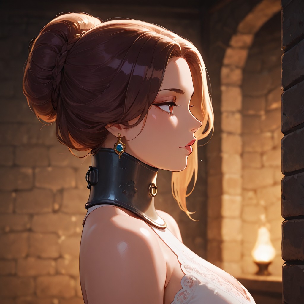 masterpiece, best quality, amazing quality, 1girl, 40 yo brunette MILF, submissive, posture collar, bare shoulders, seen from side, medieval dungeon <lora:Posture Collar_epoch_12:1>