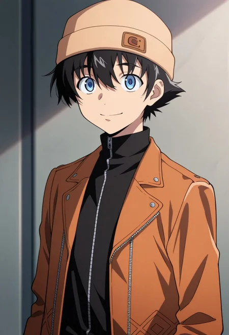 masterpiece,best quality,amazing quality, source_anime,
YukiteruAmano, 1boy, male focus, solo, blue eyes, black hair, beanie, brown headwear, black shirt, turtleneck, zipper, jacket, brown jacket, open jacket, smile,