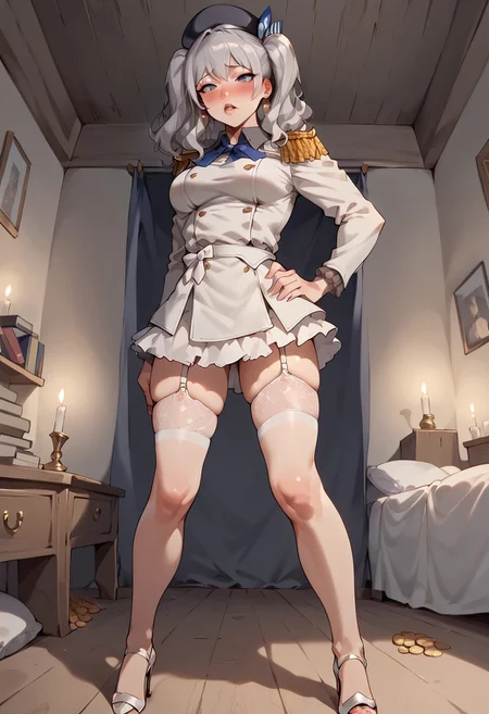 safe_pos, kashima is standing with hand on hip, 1girl, moaning face, blush, looking up, lip bite, earrings jewelry,
nylon sleeves, nylon stockings, garter belt with straps, white lingerie, high heels, medium legs, legs spread, curvy, medium breasts, medium ass, (hand on hip), standing pose, Barracks,
soldier Barracks, wooden walls, wooden floor, bed, purple bedsheets, wrinckled bedsheets, blue pillow, 2 pillows, 2 candles, scattered books, book pile, gold coins, public, Night, candles lighting, poor lighting, dark theme, low exposure, low lighting, shadows cast, view from middle, view looking forward, Masterpiece quality, high definition, <lora:Assumi3216XL:1> <lora:Expressive_H:1> Expressiveh <lora:mfcgXL:0.3>