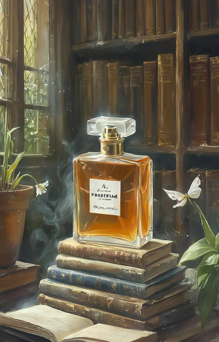 masterpiece,best quality,<lora:tbh44-sdxl:0.9>,illustration, A bottle of perfume in garden