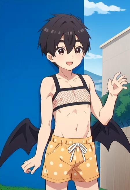 score_9, score_8up, 1boy, solo, smiling, outside, park, clapping, rentarou_aijou, black hair, brown eyes, short hair, hair between eyes, bangs, fishnet top, yellow shorts, polka dot shorts, dic style, vintage, cartoon, batwings