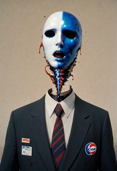 A hollow body, emerging from the neck a soul of light, the one that replaces what was once the man inside the suit and tie: and it hasn't. Nothing can replace it, yet the corporate logos, the Pepsi, the Coke, the Nintendos and so on speak through its neck and somewhere in the static, like an enigmatic face pressed against a saran wrap wall, it screams. And you see it there, late at night in the mirror: he is alive in there in the screaming thing that wakes into television and presses into its pillow like death like death like all that has wept and long gone down into the grave of night, the one that never sleeps now, and besides, the light stays on in the daytime too