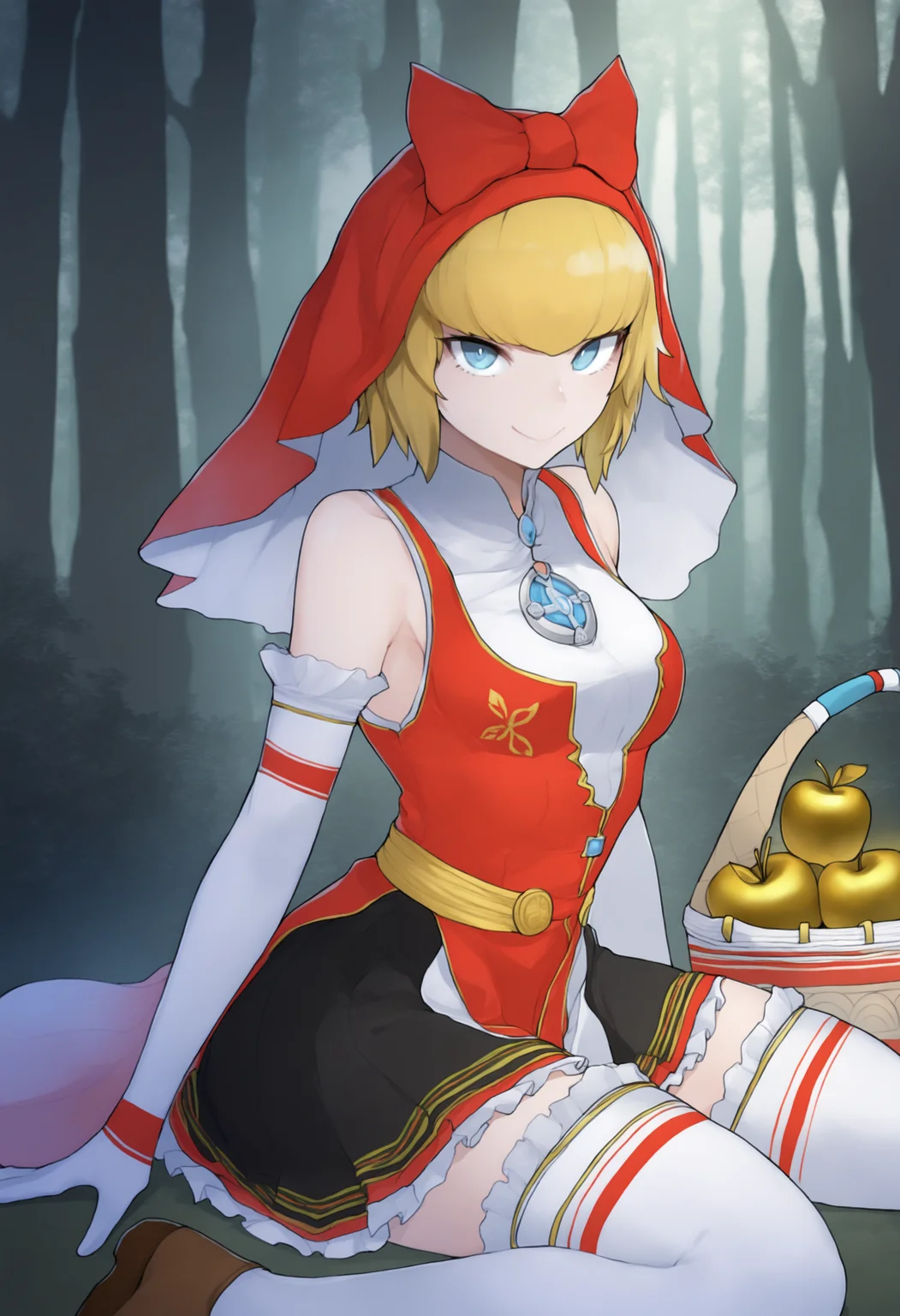 masterpiece, best quality, solo, 1girl, smile, looking at viewer, <lora:Yasuda-Suzuhito-illus_Fp:1>, forest, <lora:Idun-illus_Fp:1>, s5un, blonde hair, blue eyes, short hair, veil, bow, red dress, collared dress, bare shoulders, black skirt, elbow gloves, brooch, white thighhighs, white gloves, frills, basket, golden apple, wariza, from above, brown footwear,