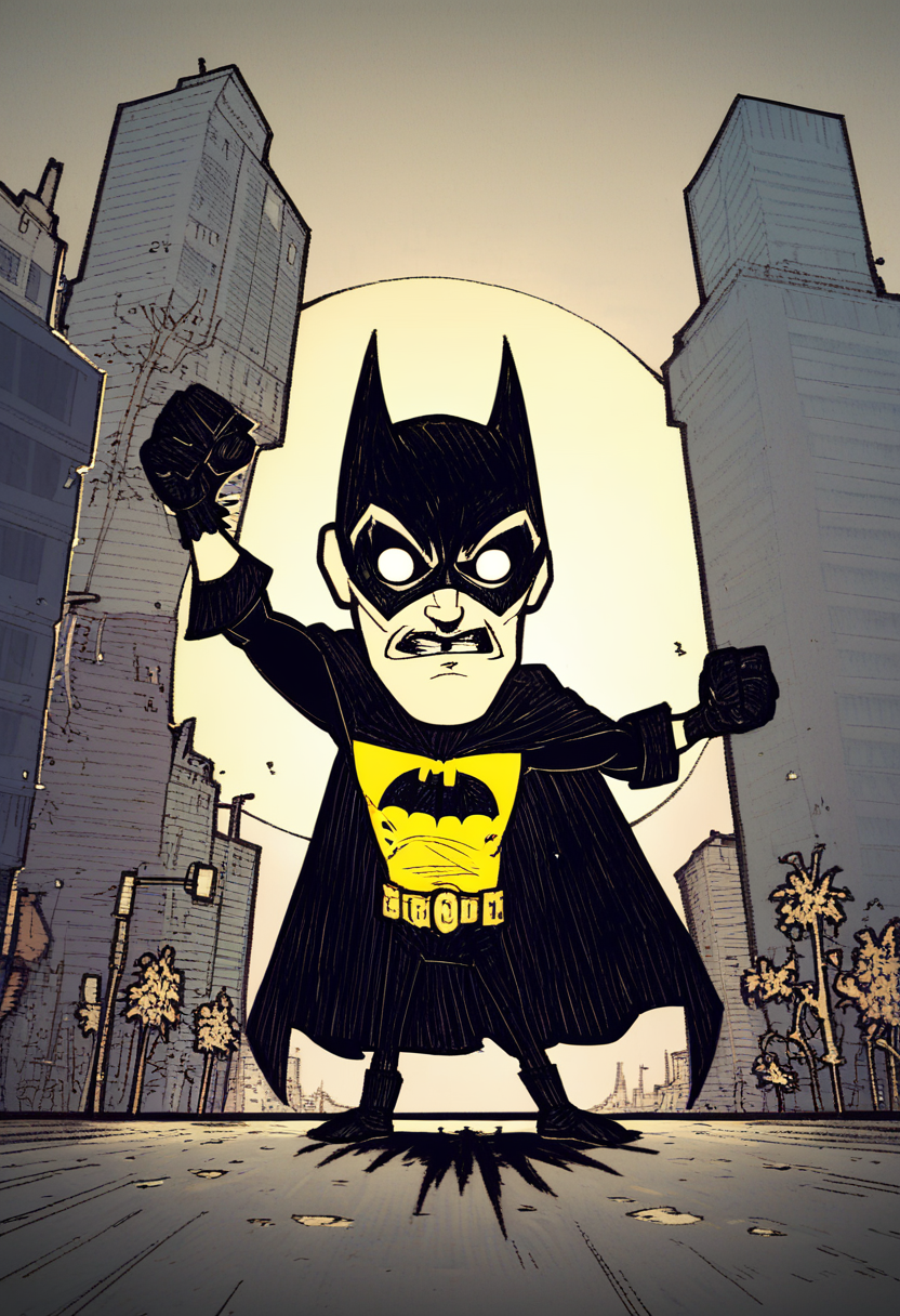 1boy, solo, batman, mask, black  cloak, dark night, fists,  city street, chibi, megapolis, action pose,    <lora:dontstarvestyleV2:1>, blank eyes, dontstarvestyle,, score_9, score_8_up, score_7_up,