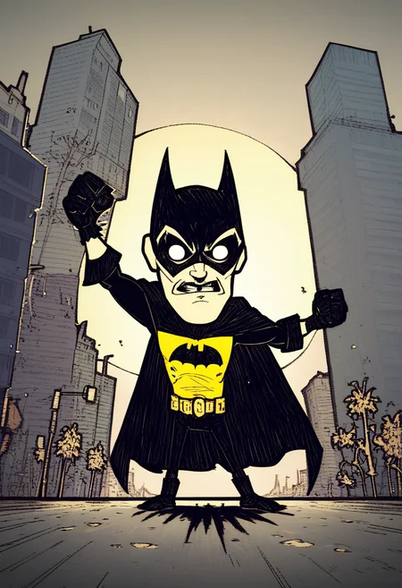 1boy, solo, batman, mask, black cloak, dark night, fists, city street, chibi, megapolis, action pose, <lora:dontstarvestyleV2:1>, blank eyes, dontstarvestyle,, score_9, score_8_up, score_7_up,