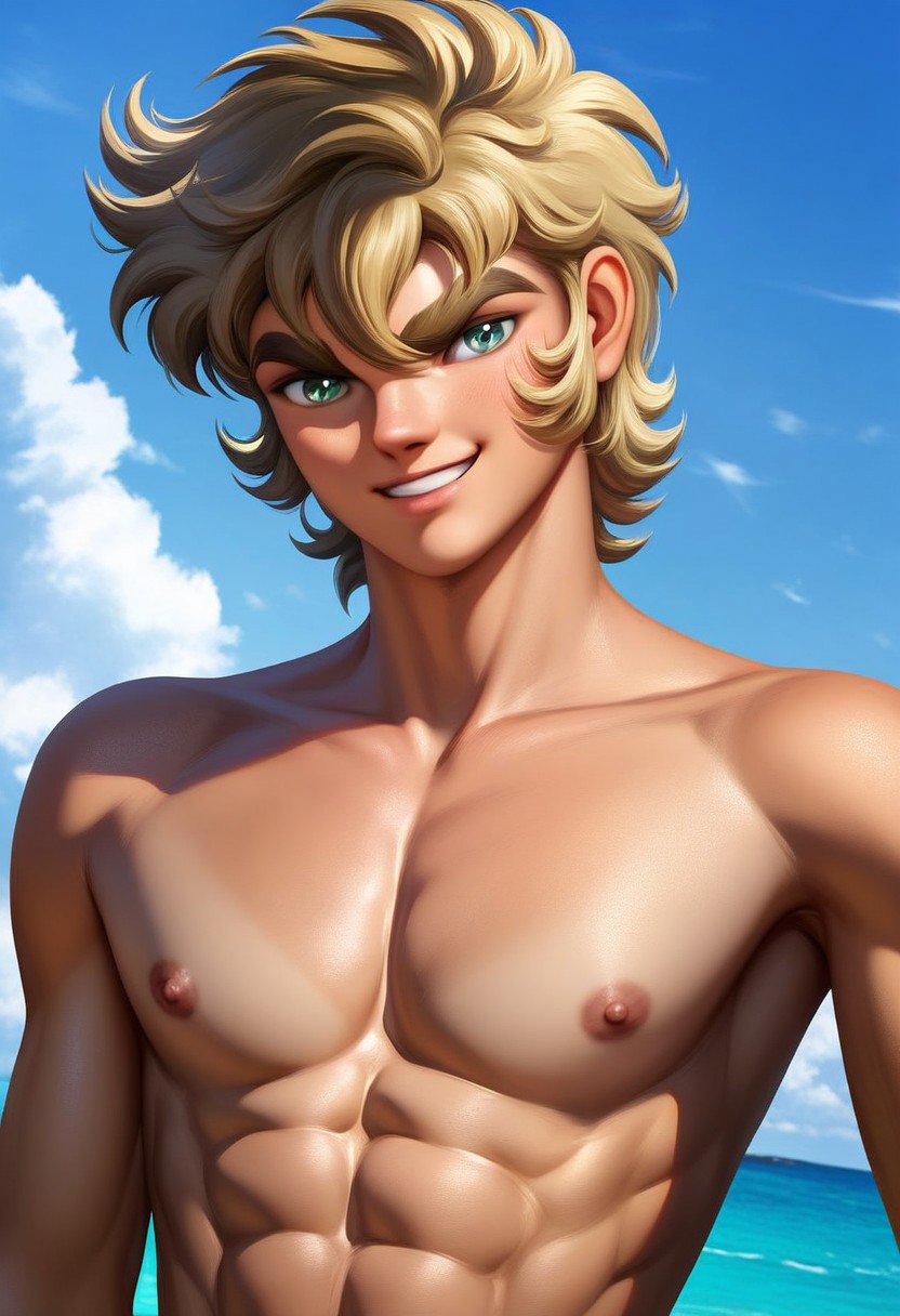 score_9, score_8_up, score_7_up, 1boy, male focus, Jabu, dark blonde hair, wavy hair, bangs, hair between eyes, green eyes, light skin, thick eyebrows, slim muscular, twink, big round pecs, nipples, abs, upper body, portrait, half smile, young, dynamic angle, looking at viewer, male model standing, confident, outdoors, elegant atmosphere, relaxed and carefree vibe, high quality, realistic, hd render, retro artysle, anime source, 1980's style, 1980's anime,