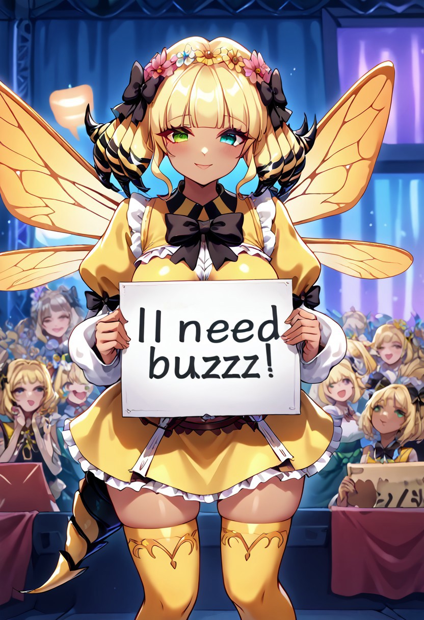 score_9, score_8_up, score_7_up, 1girl, solo, looking at viewer, cowboy shot, need_buzz, holding sign, ((holding a sign with the text "buzz")) need_buzz, <lora:QueenBFFxivDwnsty:1>, qbee, drill hair, blonde hair, heterochromia, green eyes, yellow eyes, multicolored hair, blunt bangs, arthropod girl, stinger, tail,  yellow dress,   crop top,  midriff, frilled skirt,  frills, white sleeves, long sleeves, puffy sleeves, yellow thighhighs, skindentation, fairy wings, insect wings, black bow, hair bow, hair ornament, hair flower, dark-skinned female, large breasts, on stage, audience background. smiling