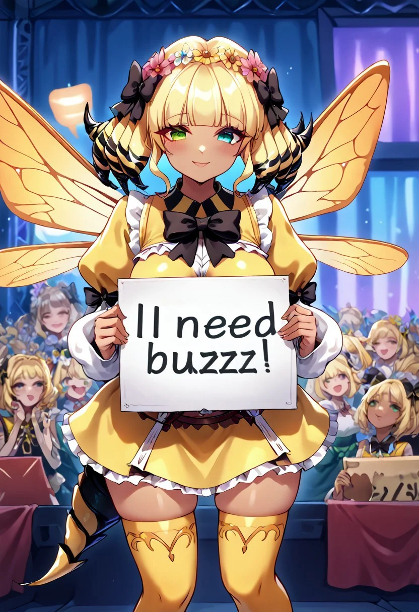 score_9, score_8_up, score_7_up, 1girl, solo, looking at viewer, cowboy shot, need_buzz, holding sign, ((holding a sign with the text "buzz")) need_buzz, <lora:QueenBFFxivDwnsty:1>, qbee, drill hair, blonde hair, heterochromia, green eyes, yellow eyes, multicolored hair, blunt bangs, arthropod girl, stinger, tail, yellow dress, crop top, midriff, frilled skirt, frills, white sleeves, long sleeves, puffy sleeves, yellow thighhighs, skindentation, fairy wings, insect wings, black bow, hair bow, hair ornament, hair flower, dark-skinned female, large breasts, on stage, audience background. smiling