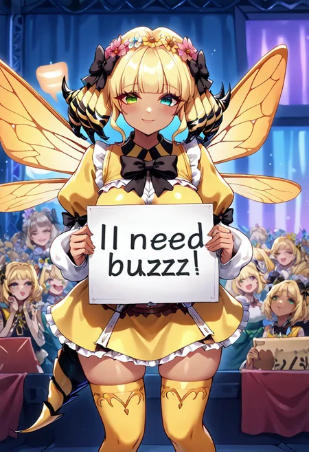score_9, score_8_up, score_7_up, 1girl, solo, looking at viewer, cowboy shot, need_buzz, holding sign, ((holding a sign with the text "buzz")) need_buzz, <lora:QueenBFFxivDwnsty:1>, qbee, drill hair, blonde hair, heterochromia, green eyes, yellow eyes, multicolored hair, blunt bangs, arthropod girl, stinger, tail,  yellow dress,   crop top,  midriff, frilled skirt,  frills, white sleeves, long sleeves, puffy sleeves, yellow thighhighs, skindentation, fairy wings, insect wings, black bow, hair bow, hair ornament, hair flower, dark-skinned female, large breasts, on stage, audience background. smiling