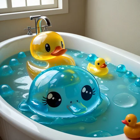 {1rubber duck, 1 rubber duck made out of slime, (slime rubber duck:1.5), yellow slime body, orange slime beak, glossy black eyes, translucent slime rubber duck, transparent slime rubber duck}
hud_sp_bth, flower, petals, water, bath, in an elegant bath tub, bubbles made out of slime, slimes hiding in the bath bubbles, bubble bath, perspective from inside tub, prespective from inside bath,
everything made of slime, No simple background,
((translucent slime)), ((transparent slime)), (bioluminescent slime), sl1m3d, slime, slime-morph, saturated colors,
