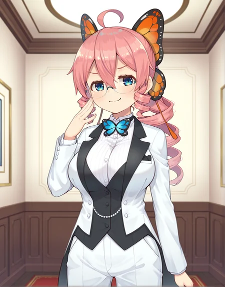 solo,<lora:illustrioushimari:0.8>,sakuraba himari,pink hair,ahoge,blue eyes,butterfly hair ornament,drill hair,drill ponytail,breasts,glasses,looking at viewer,smug,tuxedo,indoors,