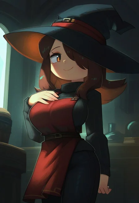 PRFRV Style, atmospheric lighting, 1girl, solo, brown hair, brown eyes, parted bangs, long hair, large breasts, witch hat, black sweater, red apron, black pants, looking at you, hand on own chest, smile, indoors, hat over one eye