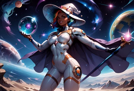 score_9, score_8_up, score_7_up, score_6_up, score_5_up, score_4_up, space wizard, (dark skin:1.1), multicolored hair, (spacesuit:1.3), magic, nebula, wizard hat, mage staff, cape, Faetastic, vibrant, source_cartoon, rating_safe, masterpiece, detailed, high resolution, (perfect hands:1.1), (five fingers:1.2), good anatomy