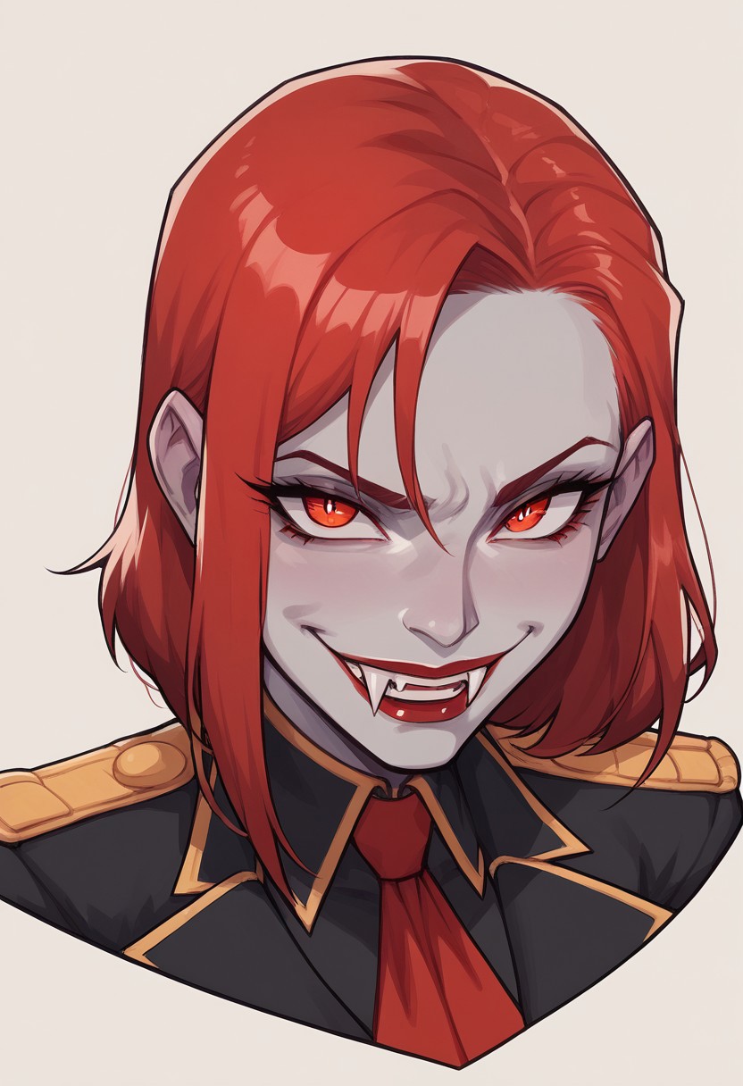 score_9, score_8_up, score_7_up, score_6_up, score_5_up, score_4_up, eye contact, looking at viewer, source_anime, naughty traditional art, lineart, DC, woman, (red hair), grey skin, gray skin, cute face, attractive face, pretty face, smile, fangs, vampire fangs, teeth, rating_questionable, zPDXL, napoleonic military officer lady, military uniform, military insignia, upper body portrait, red eyes