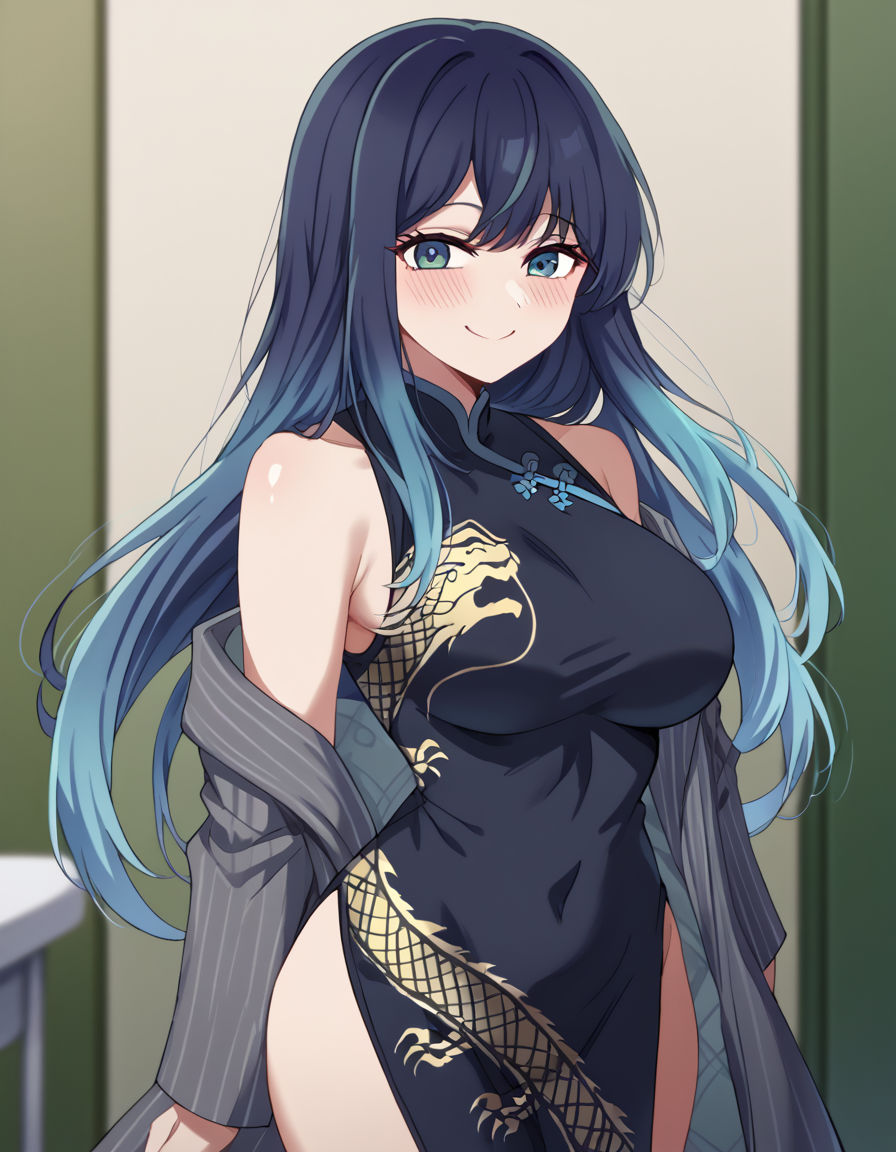 score_9, score_8_up, score_7_up, source_anime, <lora:akane-kurokawa-s2-ponyxl-lora-nochekaiser:1>, akane kurokawa, long hair, bangs, blue eyes, large breasts, black hair, blue hair, multicolored hair, gradient hair,, <lora:blue-archive-kisaki-cosplay-ponyxl-lora-nochekaiser:1>, blue archive kisaki cosplay, kisaki (blue archive) (cosplay), dragon print, china dress, print dress, chinese clothes, pinstripe jacket, sleeveless turtleneck dress, cosplay, vertical-striped jacket, pinstripe pattern, pelvic curtain, striped coat, grey coat, black dress, sleeveless dress,, indoors, from side, blush, smile,, cowboy shot, looking at viewer