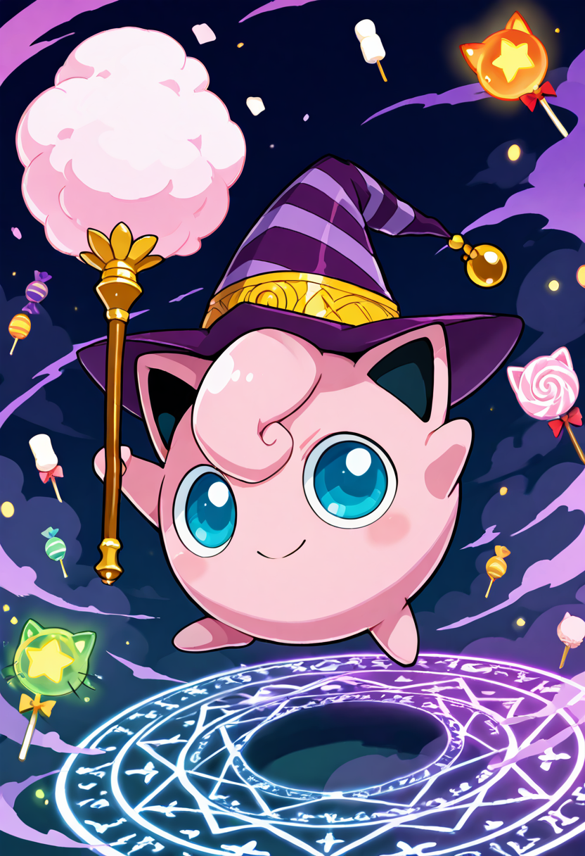 masterpiece, best quality, no humans,  zzJigs, candy-striped witch hat, glowing lollipop staff, purple mist, gumdrop trees, marshmallow fog, caramel river, magical sparkles, mischievous smile, floating potions, spooky cute pumpkins, candy bats flying, spell circle beneath her, whimsical and eerie  From the depths of the enchanted Candy Swamp, zzJigs stirs her sugary brew, casting sparkly spells that smell like cotton candy and chaos.    <lora:JigglypuffPokedex_IXL:1.0>,    <lora:ZankuroStyle_NAI:0.5>,   <lora:HaradaTakehito_NAI:0.5>,