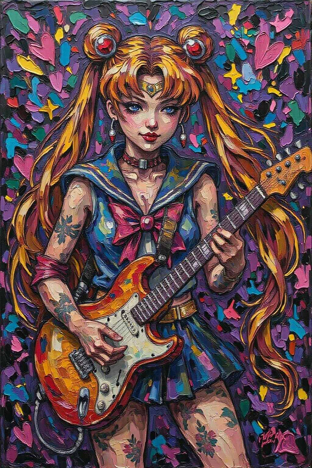 impasto oil painting. punk sailor moon playing a guitar at a heavy metal mosh pit, tattoos, pearcing <lora:Flux-Sch-SingleBlocks-BF16:1.0> <lora:impasto6_cap_d6a3e11:1.0><lora:804334550328050387:0>