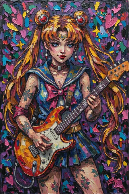 impasto oil painting. punk sailor moon playing a guitar at a heavy metal mosh pit, tattoos, pearcing <lora:Flux-Sch-SingleBlocks-BF16:1.0> <lora:impasto6_cap_d6a3e11:1.0><lora:804334550328050387:0>