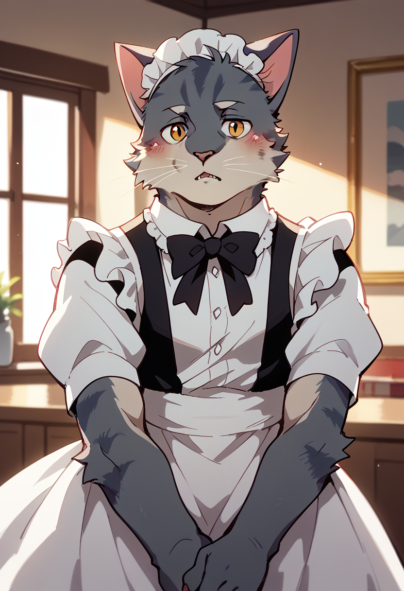 score_9, score_8_up, score_7_up, high quality, hires, by fruitz, furry, male, cat, solo, maid dress, looking at viewer, blush, inside, <lora:Fruitz_style:1.2>