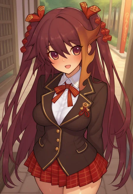 ((safe)), 1girl,  (yukimura_muramasa, two side up,  white shirt, blazer, plaid skirt, red skirt, pleated skirt),  blush, smile, open mouth, outdoors, shiny skin, best quality, amazing quality, very aesthetic, absurdres,  <lora:yukimura_muramasa_ill:1>