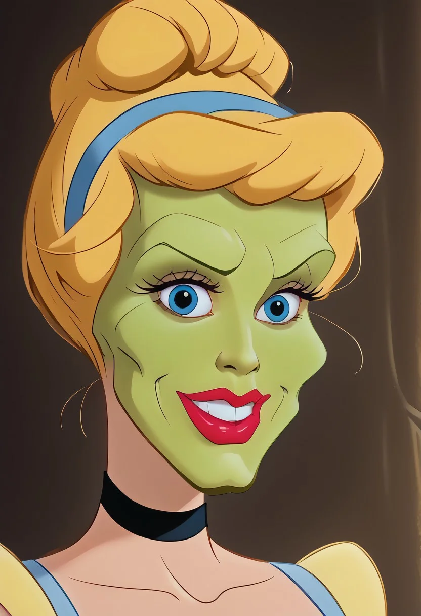DisneyRenstyle, score_9, score_8_up, score_7_up, score_6_up, BREAK,
solo, full body,
looking at viewer, light smile,
blonde hair, hair bun, hairband, makeup, choker, big blue dress, princess, CinderellaXLP,
disney style, flat color, lineart,
BREAK
(CinderellaXLP|she mask, the mask, (ugly green face|green rubber face), green mask, green skin),
big eyes:1.2, makeup, long eyelashes, high cheekbones:1.22, cleft chin:1.12, thick lips, red lipstick
BREAK
no eyebrows, no ears,