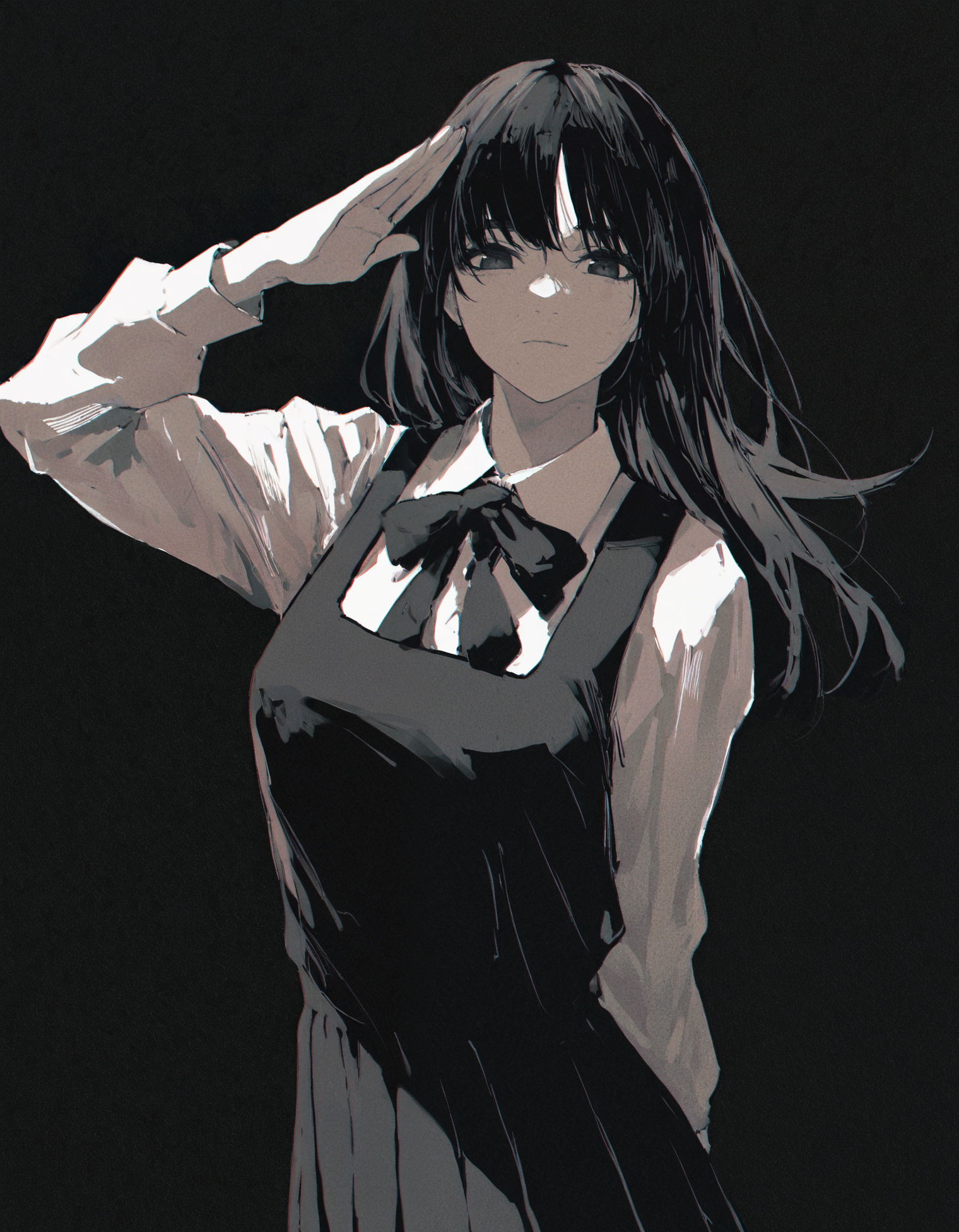 masterpiece, best quality, aesthetic, absurdres, newest, <lora:69yottea_illu_v2:1>, 69yottea_illu,monochrome, 1girl, solo, pinafore dress, dress, black hair, white shirt, shirt, long hair, school uniform, black background, full body, long sleeves, standing,film grain,salute, looking at viewer, upper body,