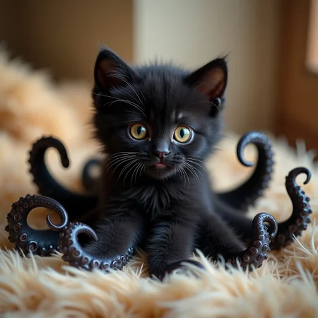 Capture a hyper-realistic photograph of a unique creature, a black octopus kitten. The body of the creature should be a perfect blend of a fluffy kitten with eight octopus tentacles gracefully extending where the legs would be. The fur of the kitten should seamlessly transition into the smooth, slightly translucent texture of the tentacles. The creature's large, expressive eyes should reflect curiosity, while the tentacles display a soft, playful movement. The scene should be set in a cozy, natural environment, with warm lighting that highlights the intricate details of both fur and tentacles, creating an enchanting yet believable hybrid creature