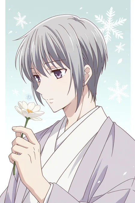 <lora:FruitsBasket:1>, FruitsBasket, 1boy, flower, solo, male focus, japanese clothes, purple eyes, grey hair, kimono, snowflakes, holding, upper body, white kimono, white flower, leaf, short hair