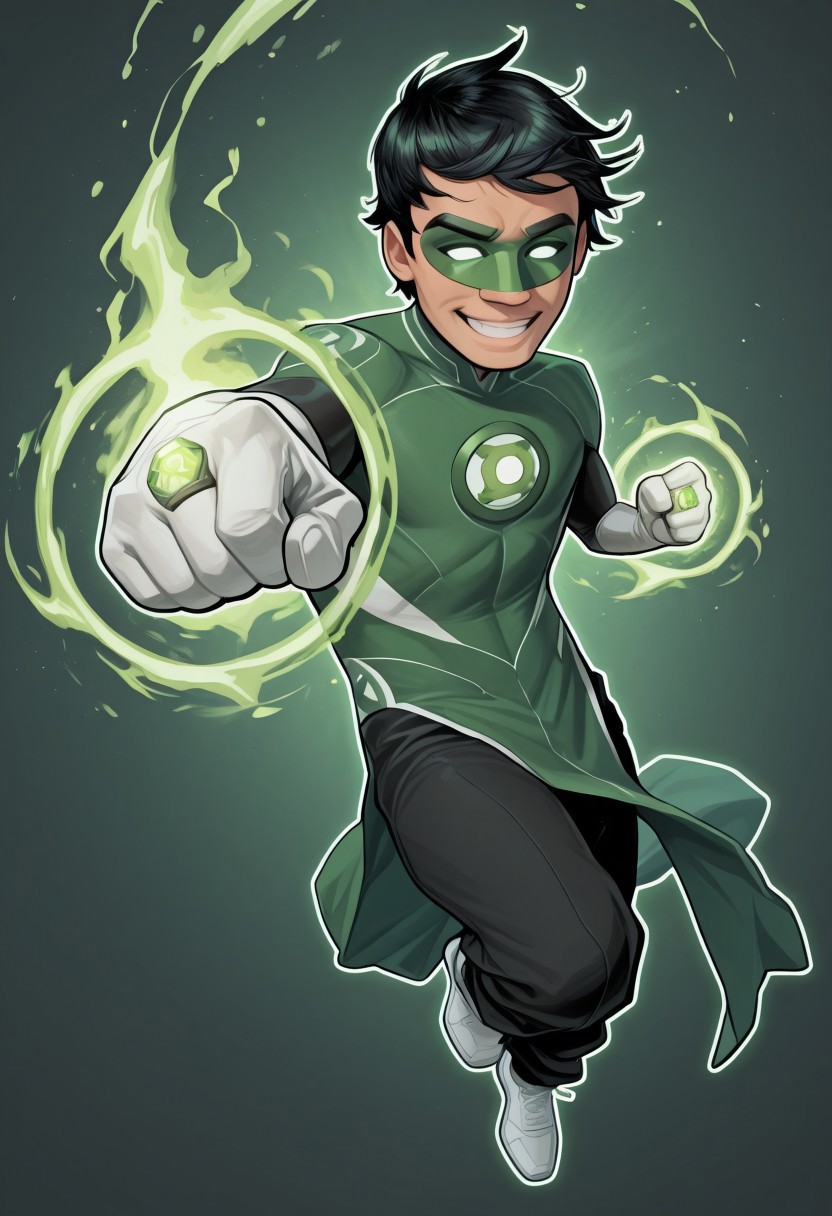 masterpiece, absurdres, high quality, perfect anatomy, 1boy, solo, cute boy, male focus, TaiPham, Black Hair, Green Lantern Ring, Green Lantern Costume, Green and Black Bodysuit, Green Domino Mask, White Eyes, White Gloves, Pelvic Curtain, Black Pants, White Shoes, Glowing Green Outline, Green Energy Aura, floating, levitating, big smile, cinematic, intricately detailed illustration, depth of field, masterpiece, best quality, amazing quality, very aesthetic, absurdres, newest, very awa,  shadow, dynamic angle, casual cosplay, dynamic pose, simple background, green theme, Arwe, Dynamism, Foreshortening