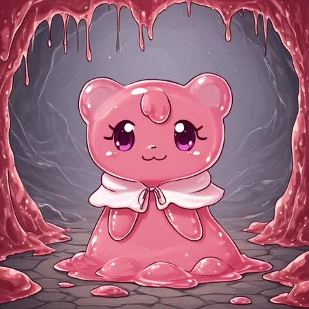 In a cave showing light above,sl1m3d,slime-morph,Mymelo made out of slime, anthro, 1female,hooded capelet, pink ears,solo,smile at you on a cute way,beautiful,high-quality,