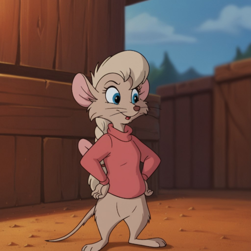 score_9, score_8_up, score_7_up, score_6_up, score_5_up, score_4_up, source_furry, jennynimh2, semi-anthro, female, mouse, brown fur, ponytail, pink sweater, long sleeves, blue eyes, outside, standing, hands on hips, pink bow, solo, 1girl