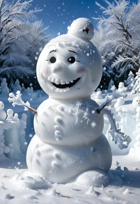 professional breathtaking cinematic movie still made of snow, outside in a sunlit blizzard ice storm, funny snowman made of snow