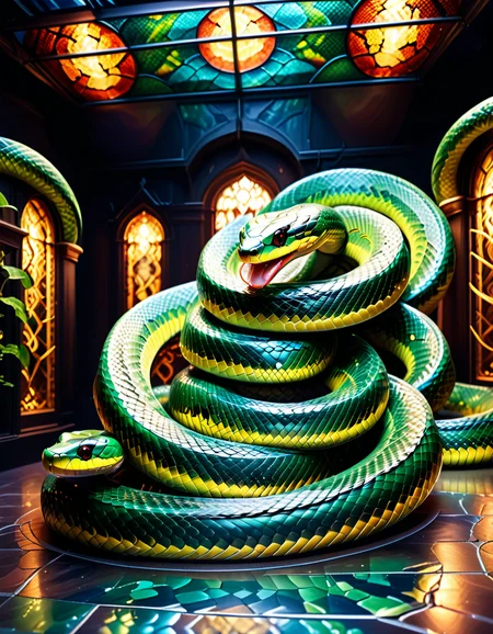 "An enormous snake shedding its skin, the shed scales designed like translucent stained glass, each scale displaying miniature living animations of human and animal transformations, labyrinthine patterns of scales reflecting on cracked mirrors surrounding the installation, vivid holographic projections blending realism and surrealism, dramatic interplay of light and shadow, biotechnological aesthetic, emotional and philosophical ambiance, intricate detailing, gallery setting." <lora:SDXLFaeTastic2400:0.4> <lora:extremely_detailed:0.4> extremely detailed, <lora:sn4ke:1>,sn4ke, Masterpiece,best quality,hi res,8k,hi res,8k,award winning,(sharp focus, intricate, highly detailed),
