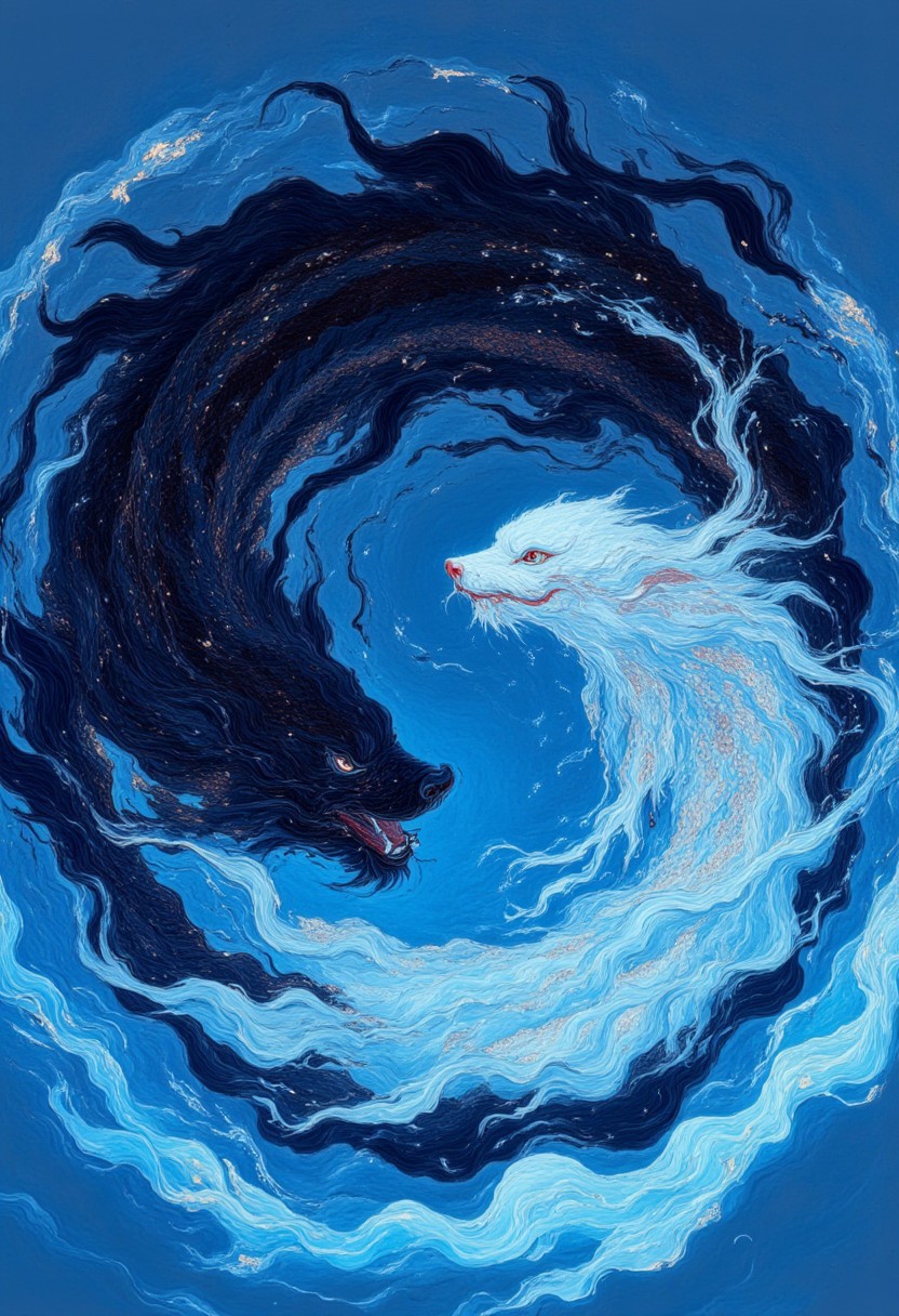 A black and white water eels, swimming in a circle , forming a ying yang sign in water, water ripples, a illustration that depicts the meaning of ying yoang through the nature of eel clours, swimming in blue glowing water