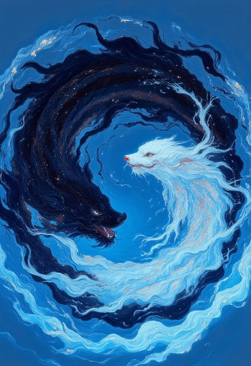A black and white water eels, swimming in a circle , forming a ying yang sign in water, water ripples, a illustration that depicts the meaning of ying yoang through the nature of eel clours, swimming in blue glowing water