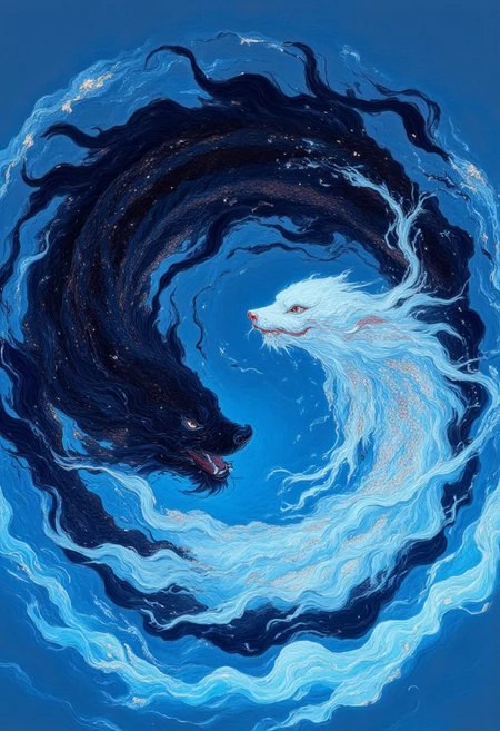 A black and white water eels, swimming in a circle , forming a ying yang sign in water, water ripples, a illustration that depicts the meaning of ying yoang through the nature of eel clours, swimming in blue glowing water