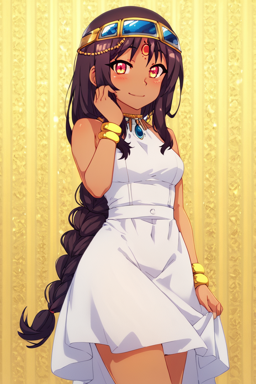 score_9, score_8_up, score_8, medium breasts, (curvy), cute, eyelashes,       BREAK, ,  <lora:Serket_Takatsu_v2:0.7>, zzSerket, dark skin, large breasts, dress, bare shoulders, jewelry, very long hair, bracelet, single braid, circlet,, BREAK, (warm colors), smile, looking at viewer, cowboy shot, embedding:zPDXL, Expressiveh, <lora:PrismaIllya_PDXL_v3:1.0>,  <lora:SDXLFaeTastic2400:0.5>,  <lora:Expressive_H-000001:0.4>,