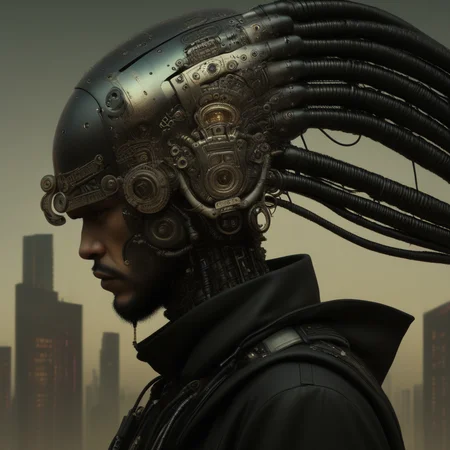 Man with intricate cyberpunk headpiece