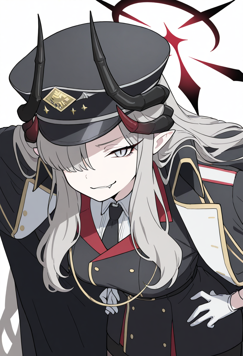 masterpiece, best quality, 1girl, solo, eyelashes, (beautiful eyes),     zzMakoto, horns, long hair, grey hair, demon horns, black horns, halo, multiple horns, pointy ears, grey eyes,    black coat, black headwear, black necktie, coat on shoulders, collared shirt, long sleeves, military uniform, white gloves, white shirt, black jacket,  leaning forward, smug, close up, portrait, fang,   <lora:HanumaMakotoBlueArchive_IXL_v1:1.0>,