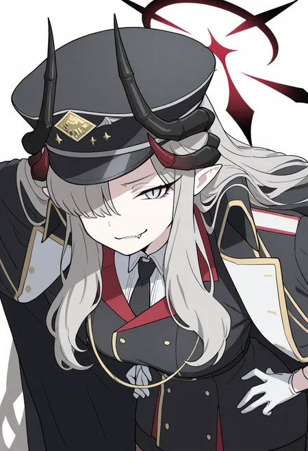 masterpiece, best quality, 1girl, solo, eyelashes, (beautiful eyes), zzMakoto, horns, long hair, grey hair, demon horns, black horns, halo, multiple horns, pointy ears, grey eyes, black coat, black headwear, black necktie, coat on shoulders, collared shirt, long sleeves, military uniform, white gloves, white shirt, black jacket, leaning forward, smug, close up, portrait, fang, <lora:HanumaMakotoBlueArchive_IXL_v1:1.0>,