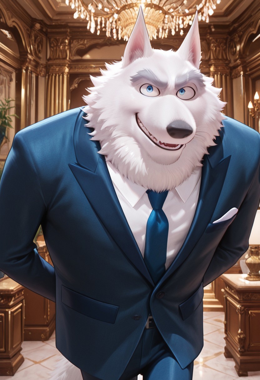 masterpiece, best quality, amazing quality, very aesthetic, absurdres, newest,  high quality, detailed, male, solo male, JimmyCrystal, 1boy, mature male, male, athletic build, anthro, wolf, blue eyes, broad shoulders, white fur, grey eyebrows, animal ears, blue suit jacket, white shirt, blue tie, indoors, smiling, looking at viewer, suave, office, lavish interior, volumetric lighting, wealthy, opulent furniture, close up, bust shot