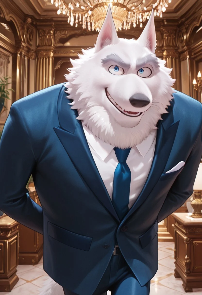 masterpiece, best quality, amazing quality, very aesthetic, absurdres, newest, high quality, detailed, male, solo male, JimmyCrystal, 1boy, mature male, male, athletic build, anthro, wolf, blue eyes, broad shoulders, white fur, grey eyebrows, animal ears, blue suit jacket, white shirt, blue tie, indoors, smiling, looking at viewer, suave, office, lavish interior, volumetric lighting, wealthy, opulent furniture, close up, bust shot